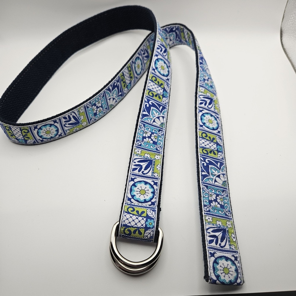 Discontinued The Belted Cow Blue Floral Tile D RING Belt Size L - NWOT